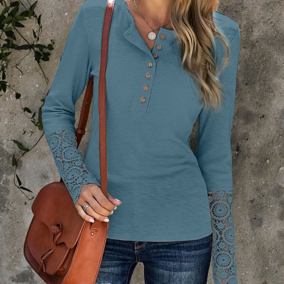 Blue Crochet Lace Hem Sleeve Button Top - Picture 7 of 10